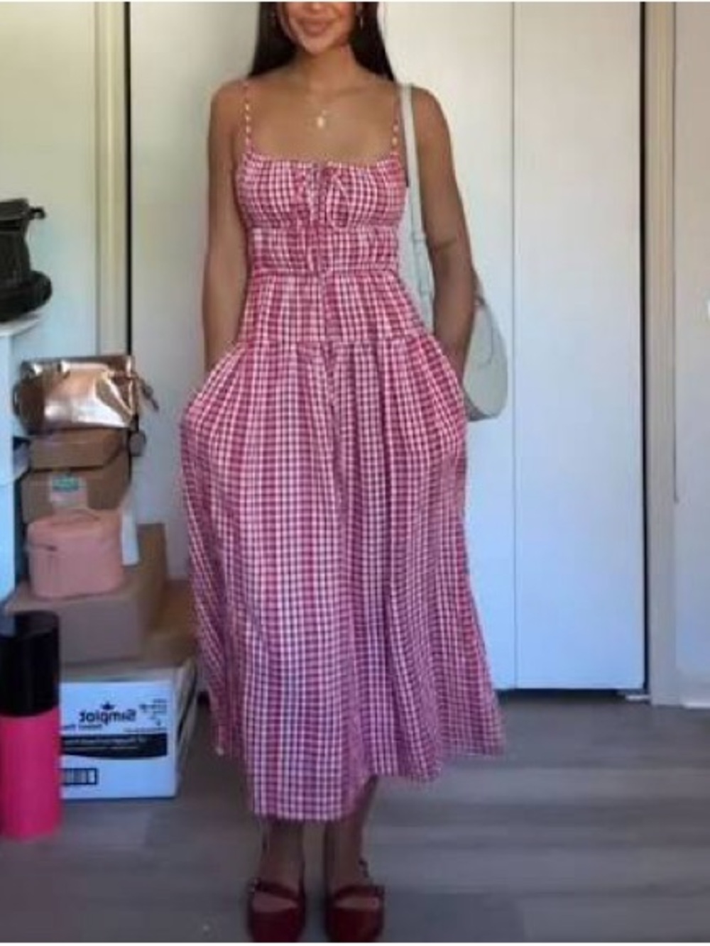Women’s Red Gingham Tiered Midi Dress with Tie Straps